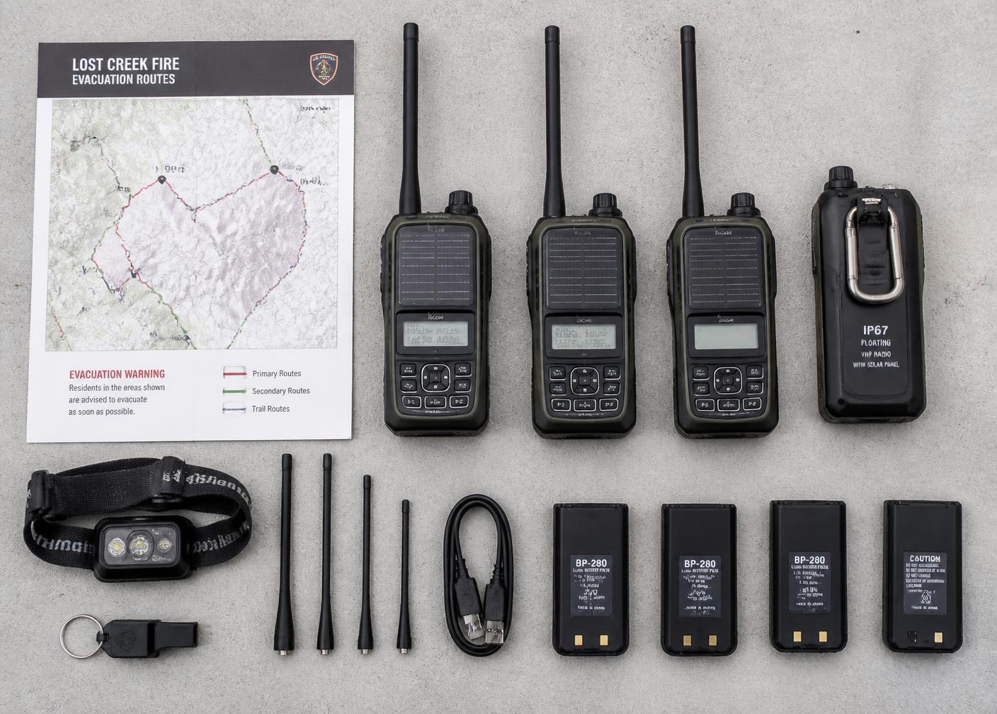 Community kit: solar VHF radios, antennas, batteries and an evacuation map