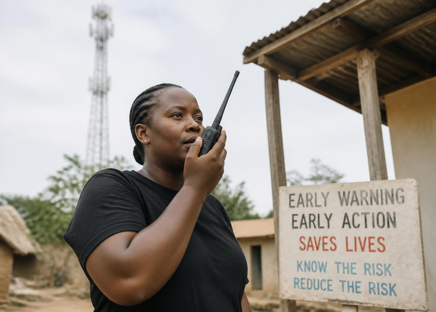Community volunteer sending a radio warning from an early-warning post