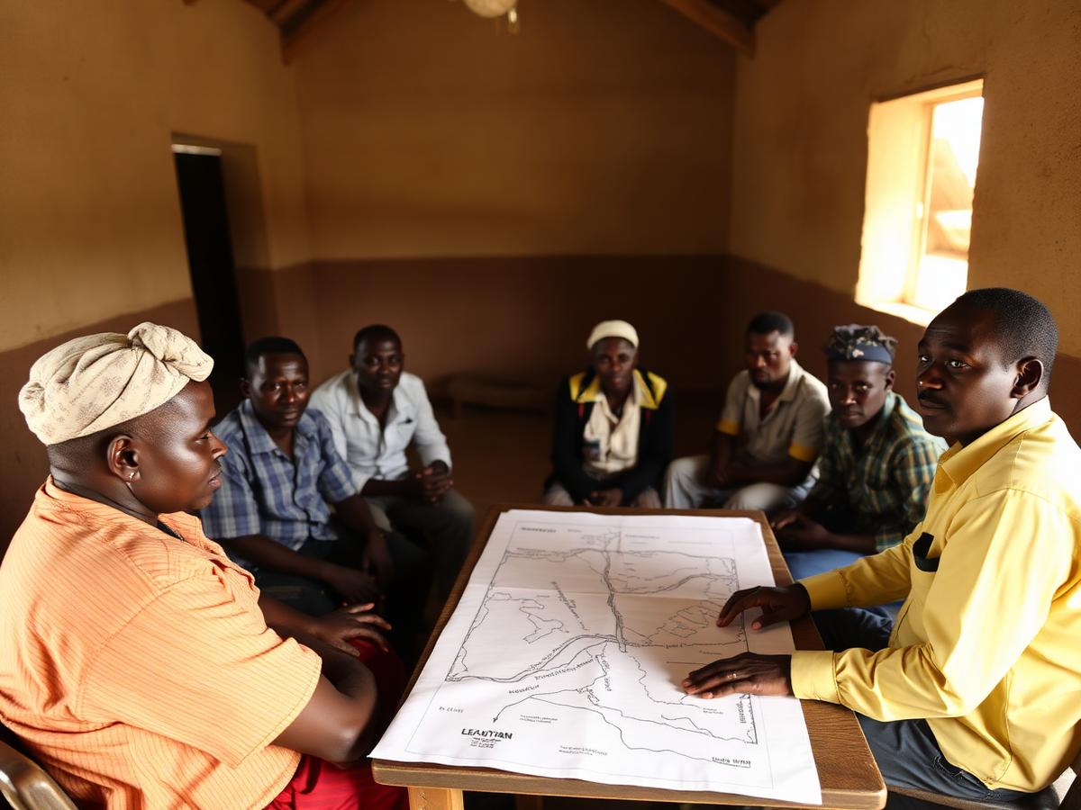 Community leaders working on a hand-drawn evacuation map